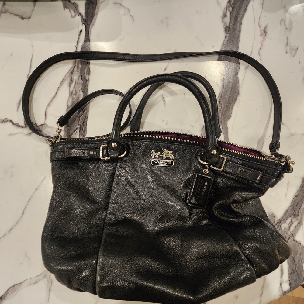 Coach Black Leather Satchel Tote Bag With Double Handles and Shoulder Strap